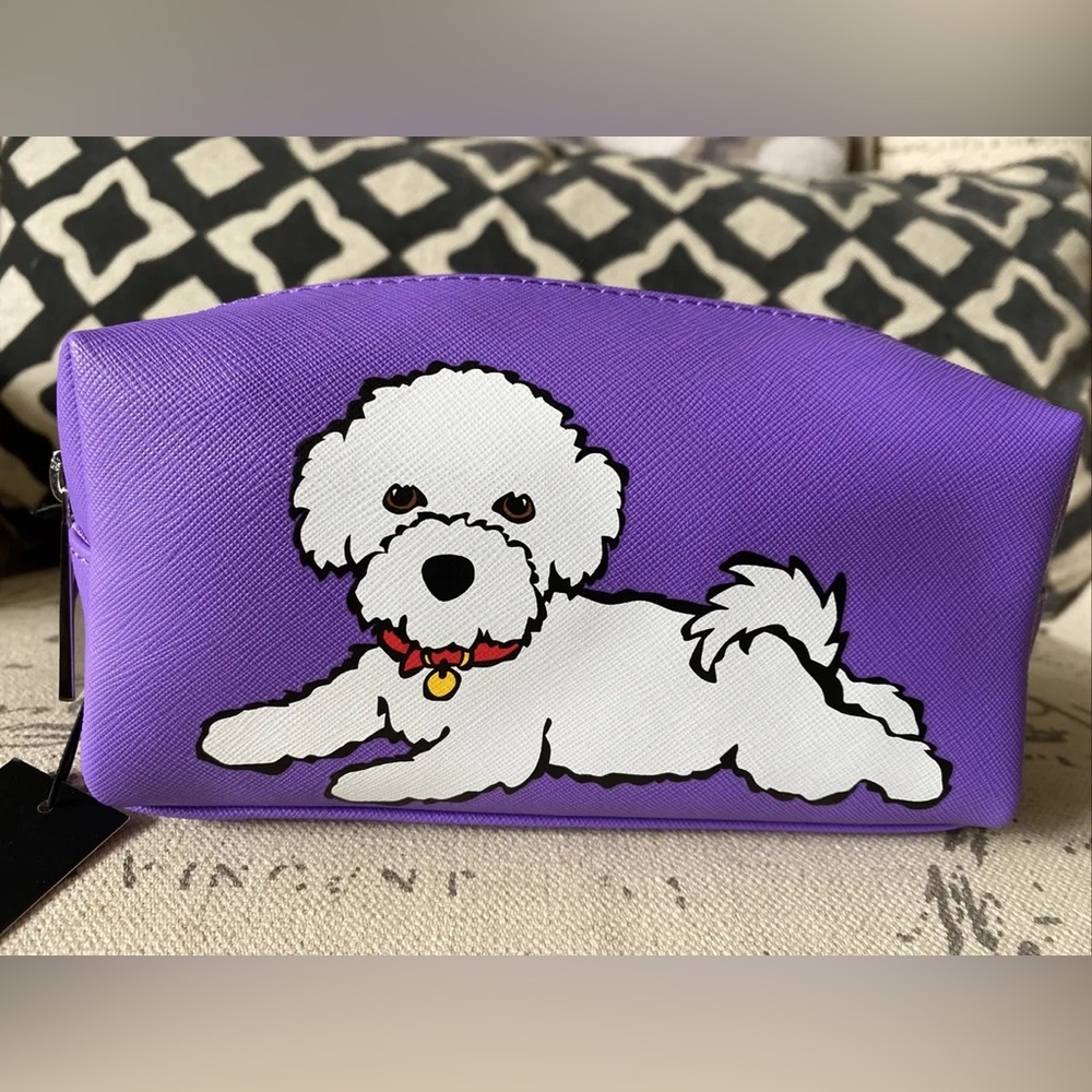 New Marc Tetro Bichon Frise Cosmetic Makeup Bag Case Purple and white.